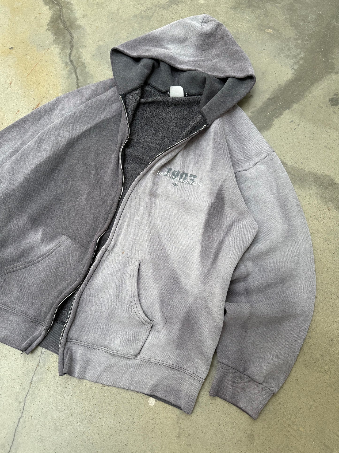 1990s Sun Faded Harley Davidson BROKEN ZIP Hooded Sweatshirt - XL