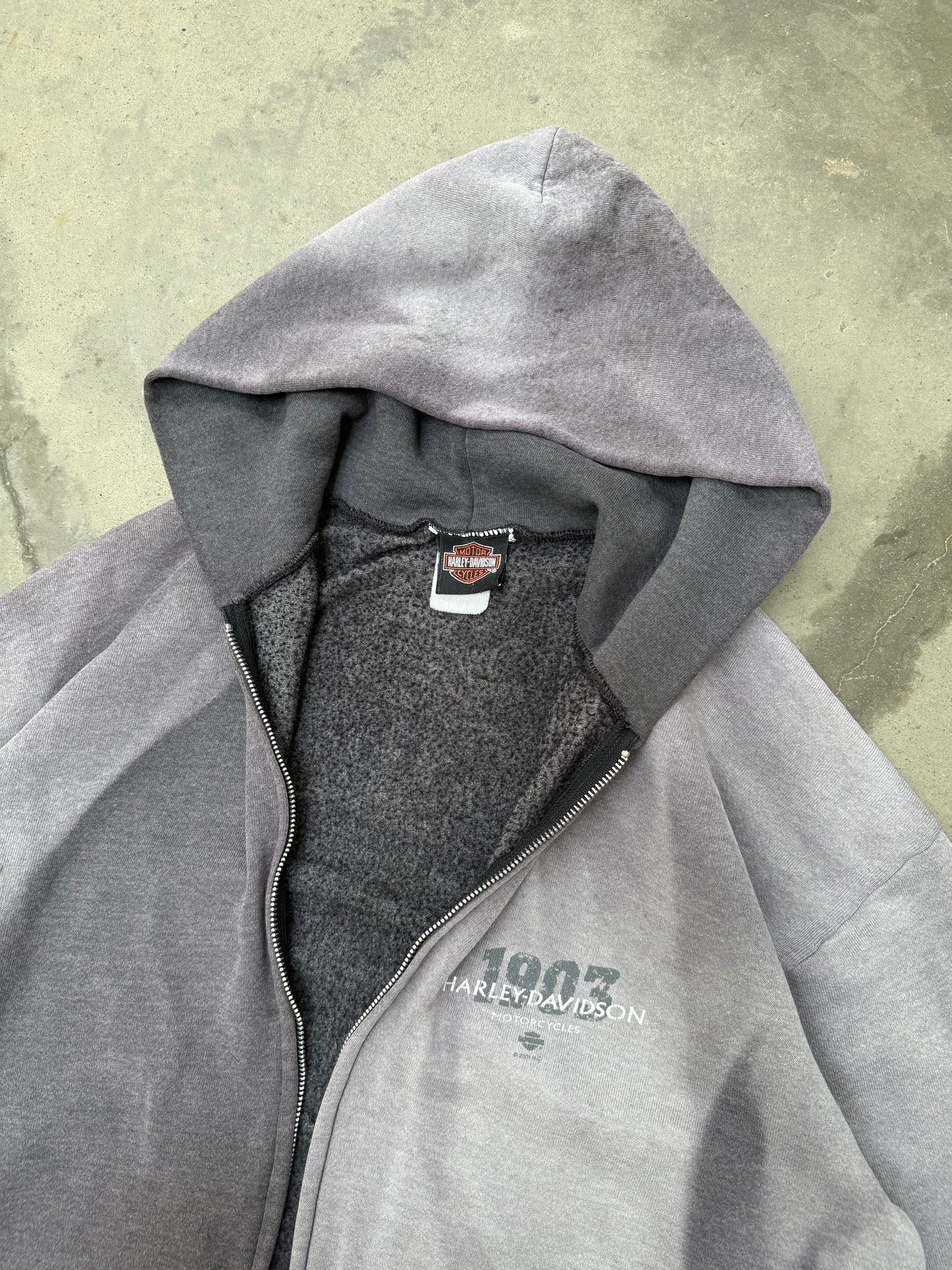 1990s Sun Faded Harley Davidson BROKEN ZIP Hooded Sweatshirt - XL