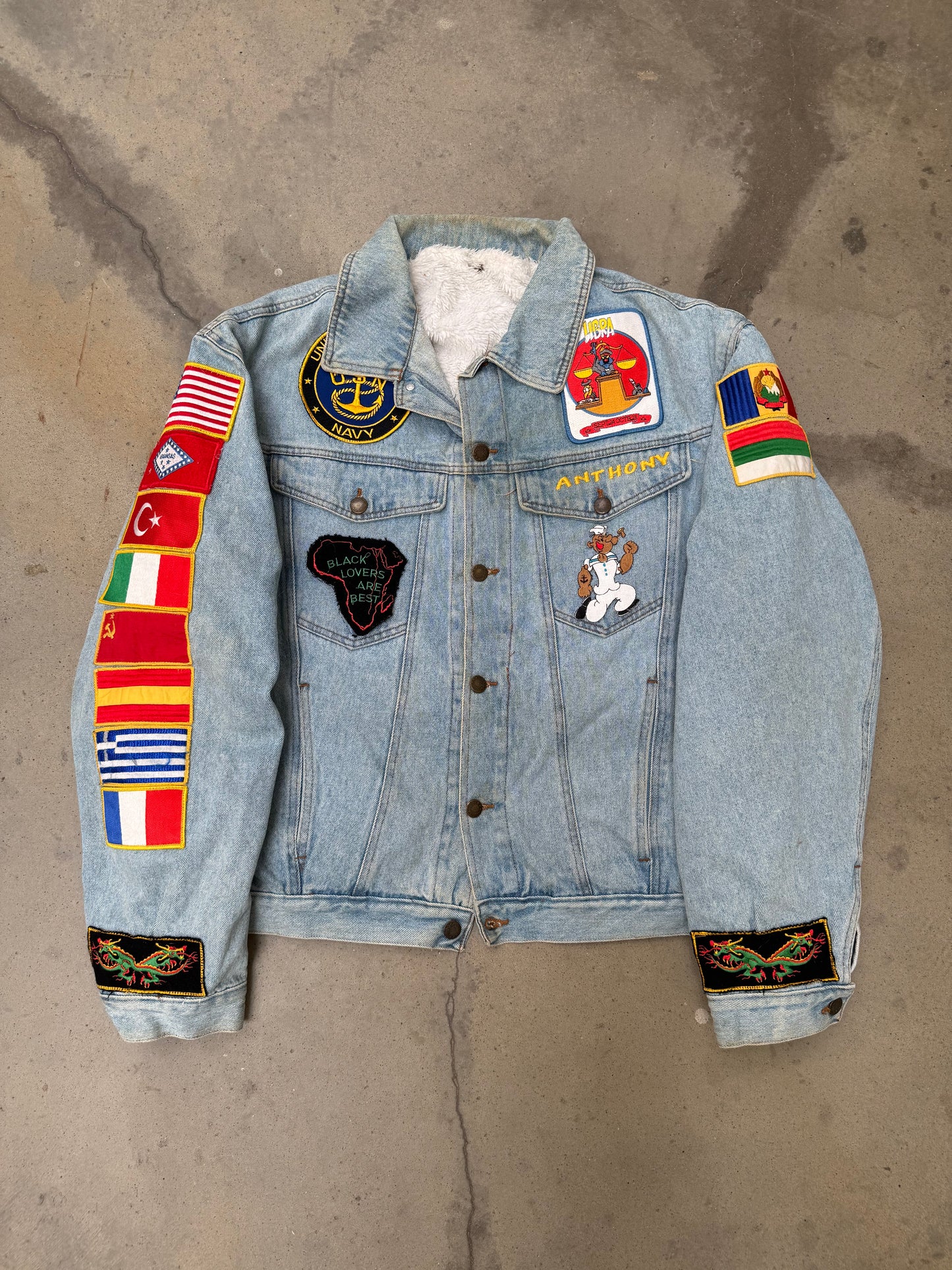 1990s Sherpa Lined Flag Patch Denim Jacket - L