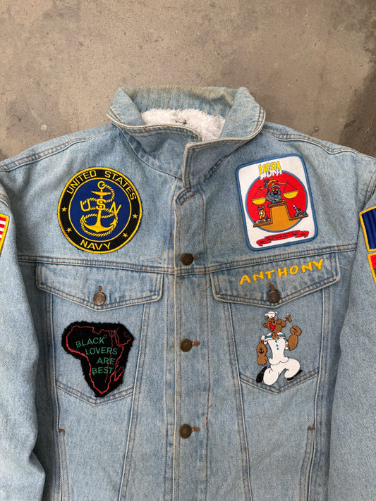 1990s Sherpa Lined Flag Patch Denim Jacket - L