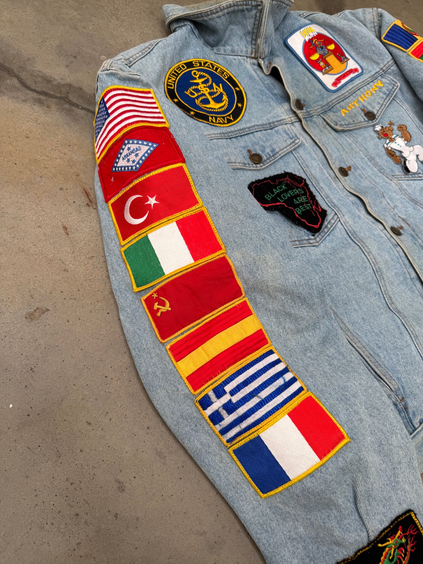 1990s Sherpa Lined Flag Patch Denim Jacket - L