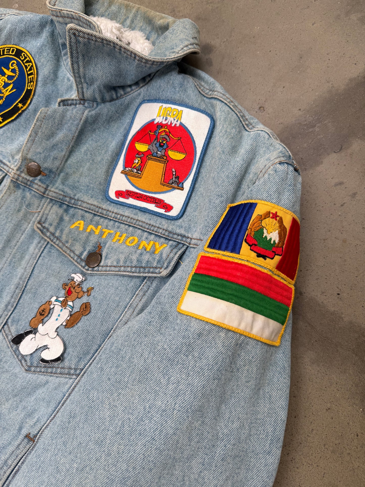 1990s Sherpa Lined Flag Patch Denim Jacket - L