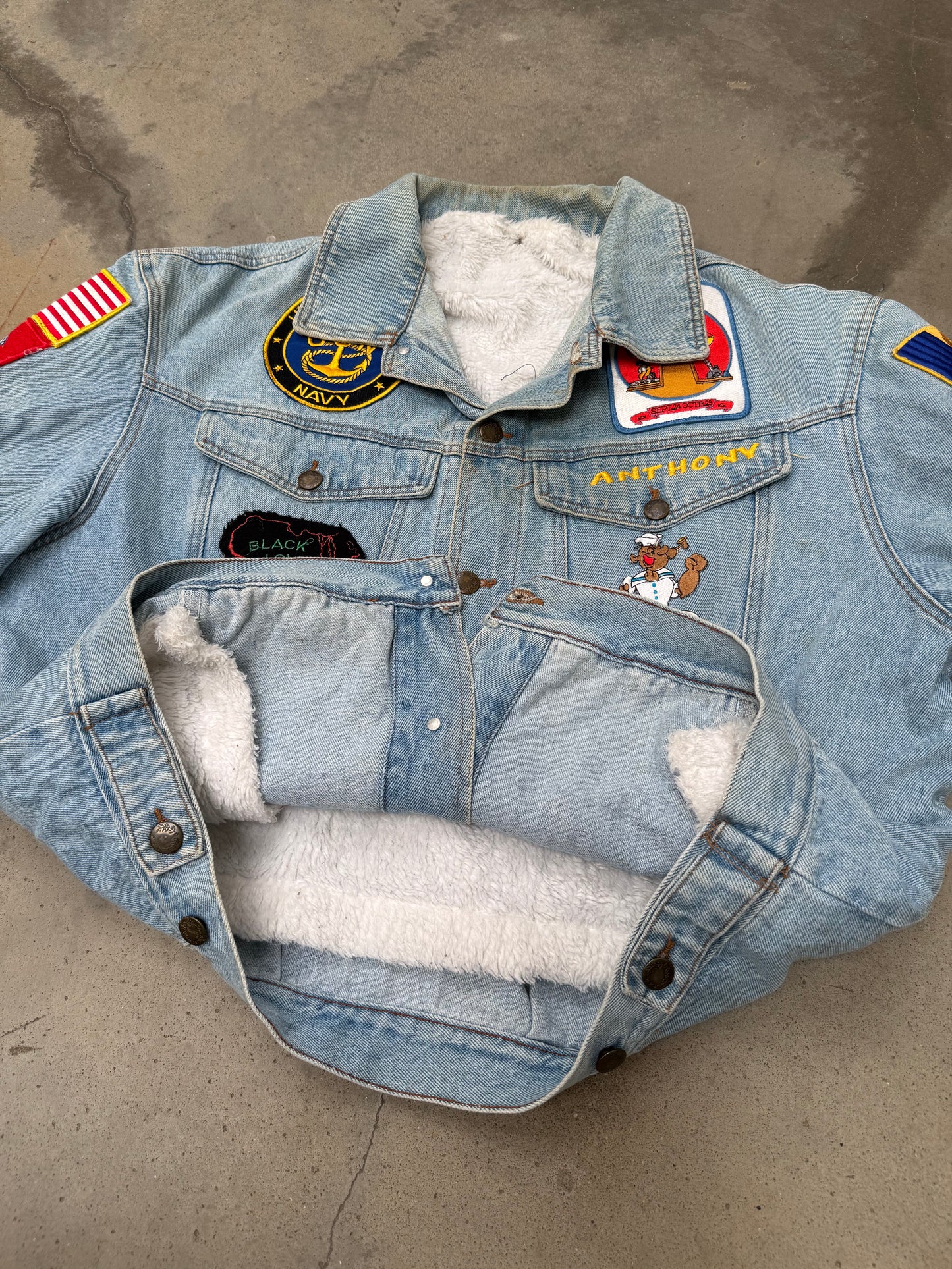 1990s Sherpa Lined Flag Patch Denim Jacket - L