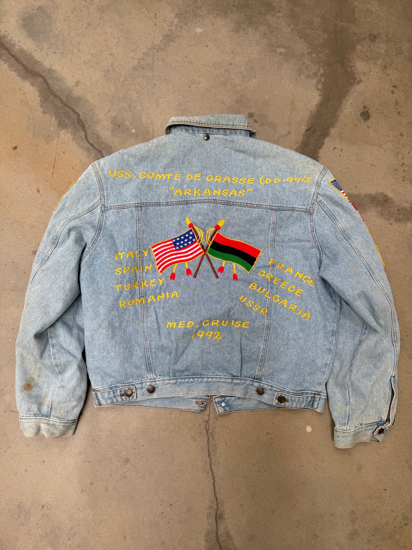 1990s Sherpa Lined Flag Patch Denim Jacket - L