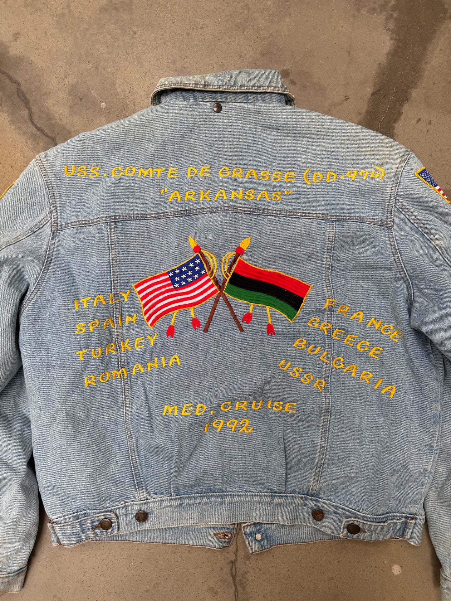 1990s Sherpa Lined Flag Patch Denim Jacket - L