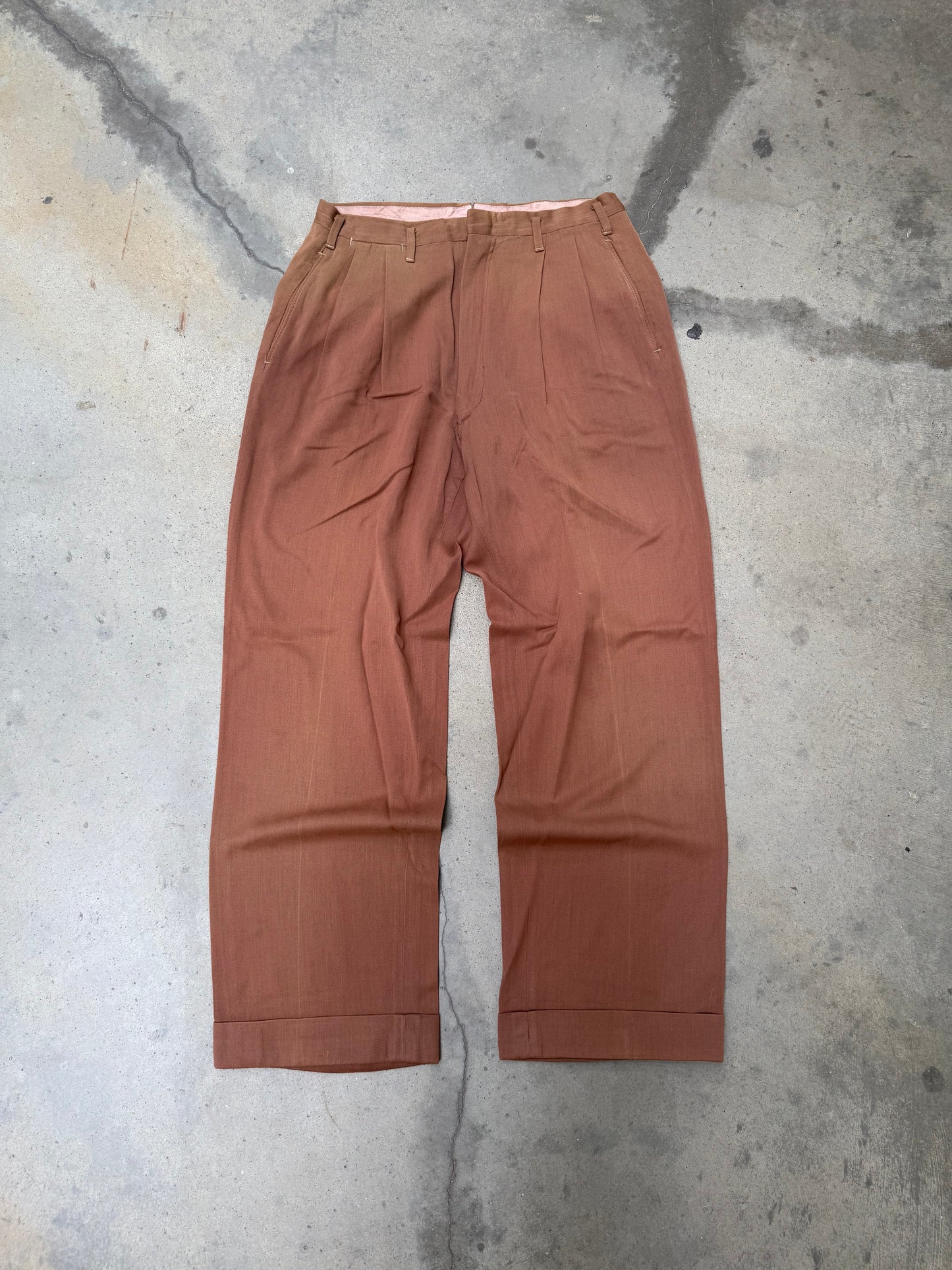 1960s Rust Gabardine Pleated Trousers - 30X29