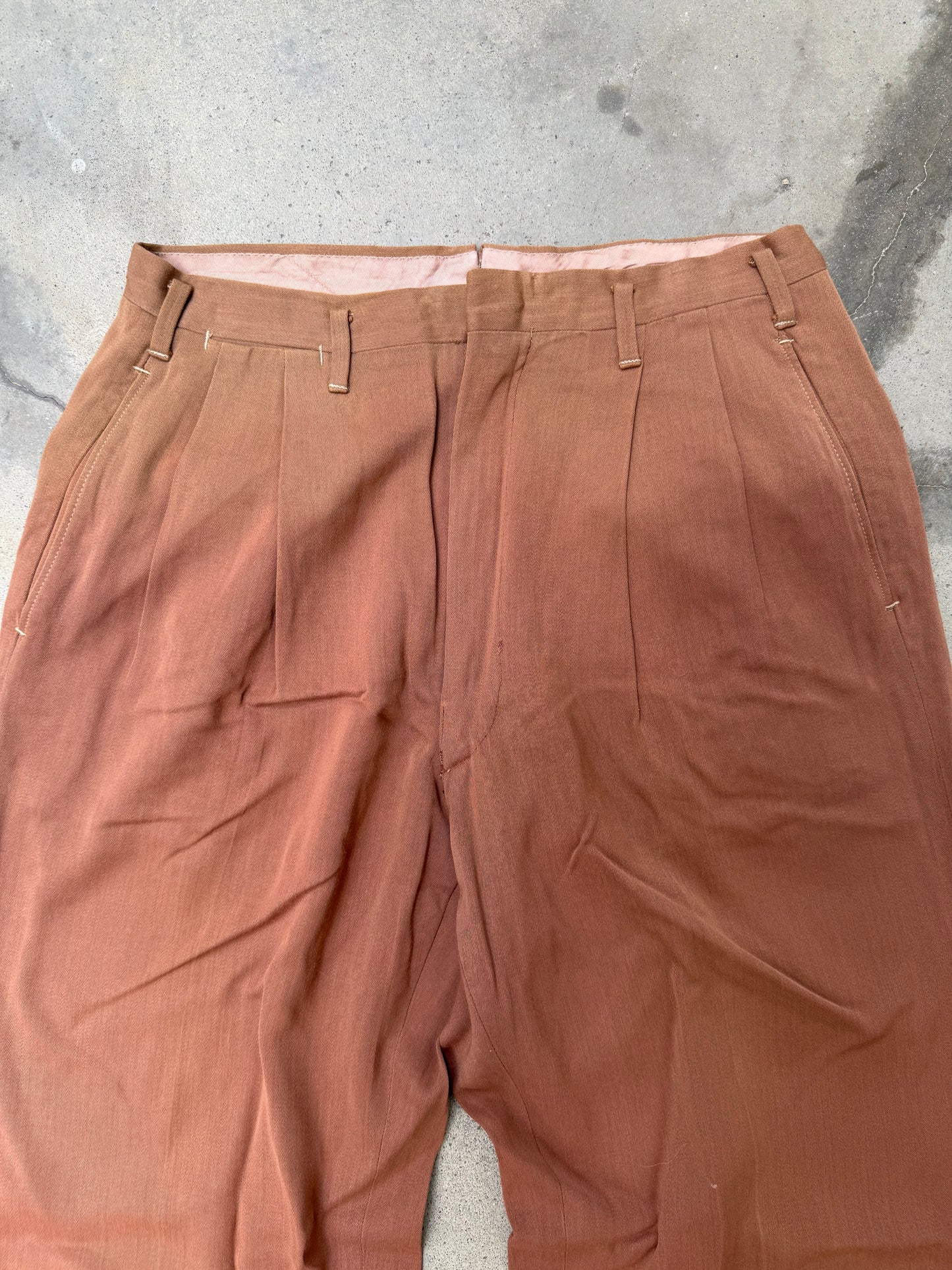 1960s Rust Gabardine Pleated Trousers - 30X29