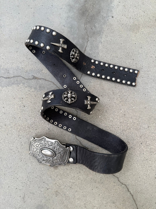 1990s Leather Studded Dagger Belt - 33"